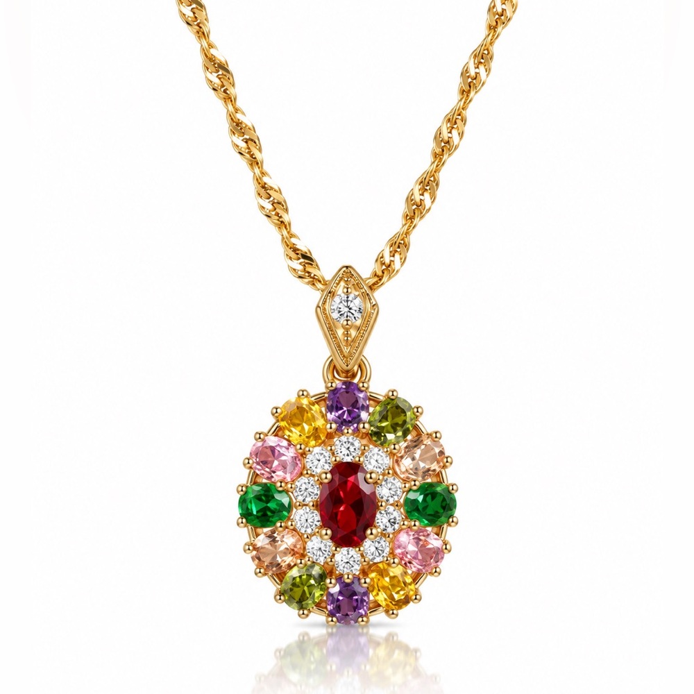 Gold-Tone Multicolor Gemstone Pendant Necklace - Red Center